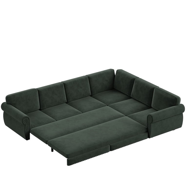 118" L-Shaped Convertible Sleeper Couch Bed, Chenille Upholstered Sectional Sofa with Pull-Out Sofa Bed, Modern Chesterfield Sofa for Living Room