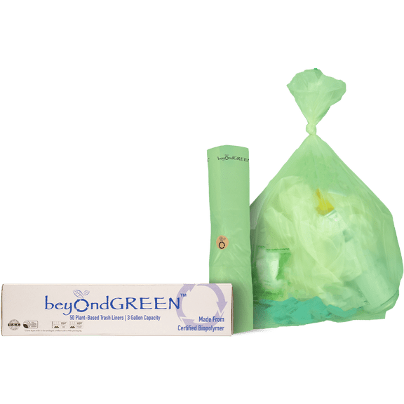 beyondGREEN Plant-Based Trash Liner - 50 Green Bags - 3 Gallon - 10" x 22"