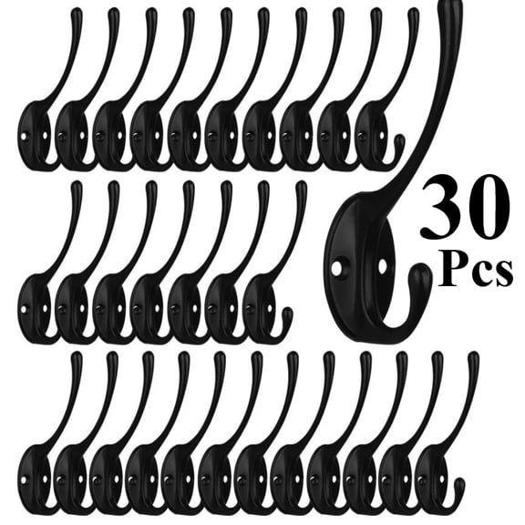 30 Pack Heavy Duty Dual Coat Hooks Wall Mounted Retro Double Hooks Utility Black Hooks for Coat, Scarf, Bag, Towel, Key, Cap, Cup, Hat