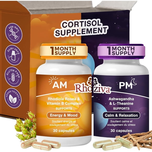 Rhoziva AM PM Rhodiola Rosea 200mg Ashwagandha Supplement L Theanine – Cortisol Support, Mood and Energy Balance for Men and Women, Calming Sleep Aid with Vitamin B6 B12, Canadian Made, 60 Capsules