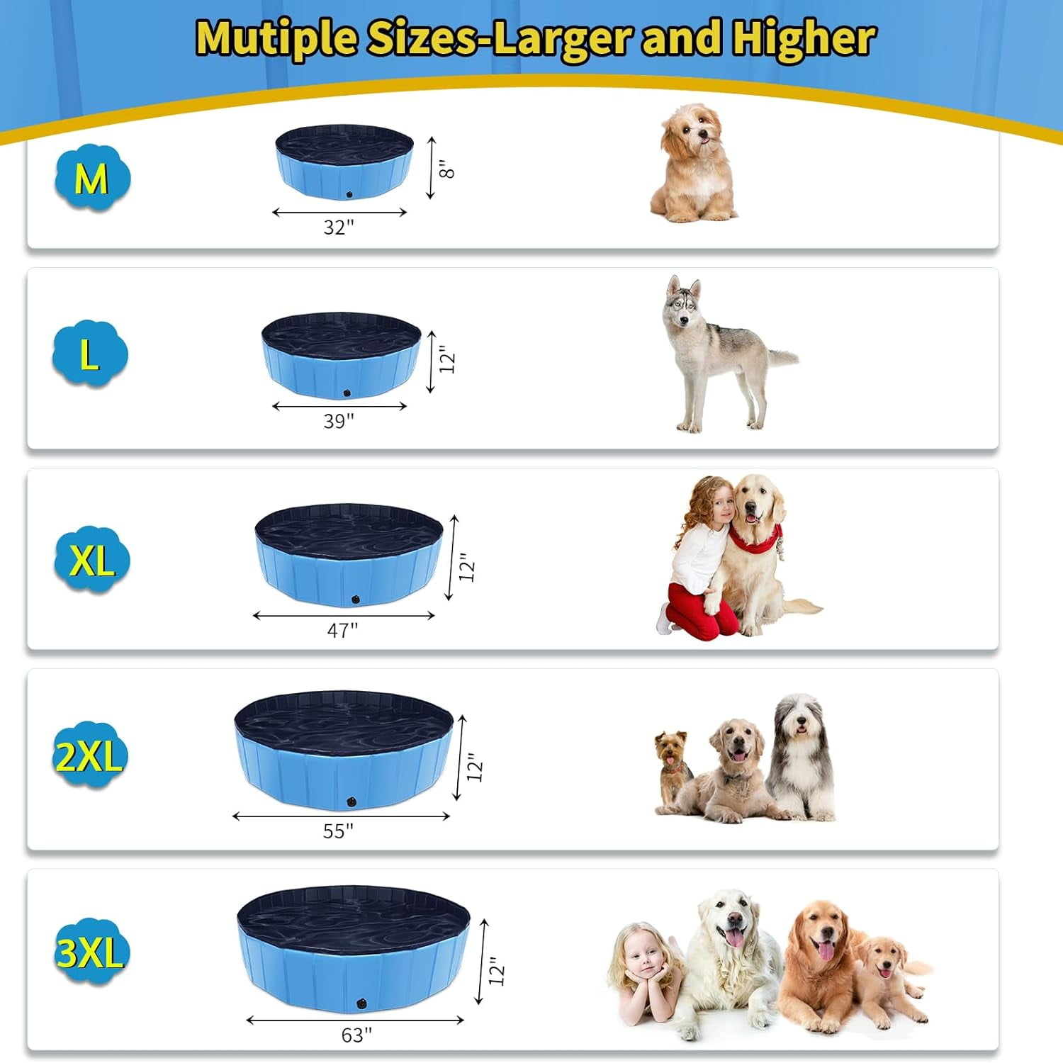 Foldable Dog Pool, 55" x 12" Kiddie Pool with Hard Plastic, Non-Slip Dog Bath Tub for Outdoor Backyard, Collapsible Dog Swimming Pool for Kids Dogs Pets (Blue)