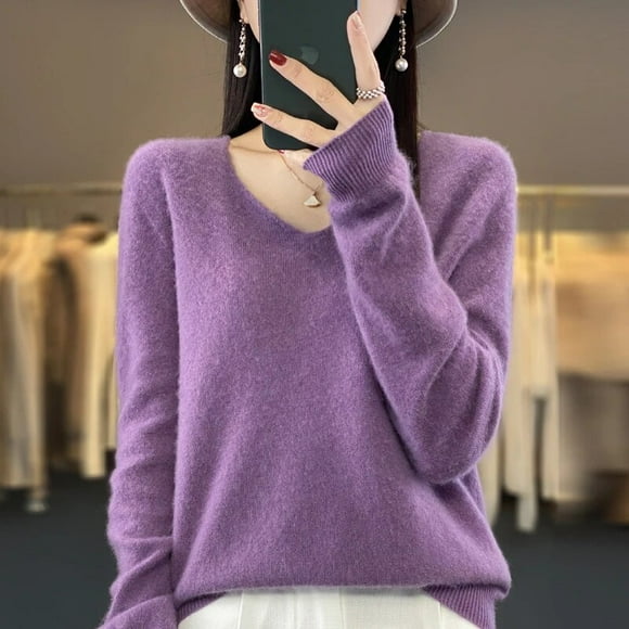 100% pure wool cashmere sweater women's V-neck pullover casual knit top autumn and winter women's coat Korean fashion