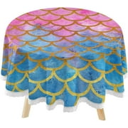 SKYSONIC Mermaid Scales Round Tablecloth 60inch Indoor Wrinkle Free, Bright Summer Circular Lace Table Cover Washable for Kitchen Party BBQ Dining Decor