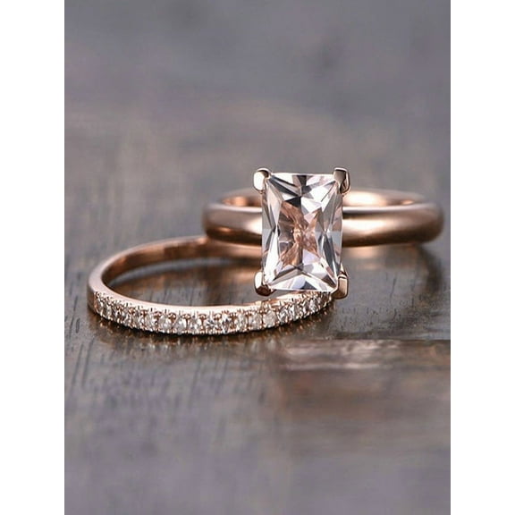 Sale: 1.25 Carat Peach Pink Morganite (princess cut Morganite) and Diamond Engagement Bridal Wedding Ring Set in 10k Rose Gold