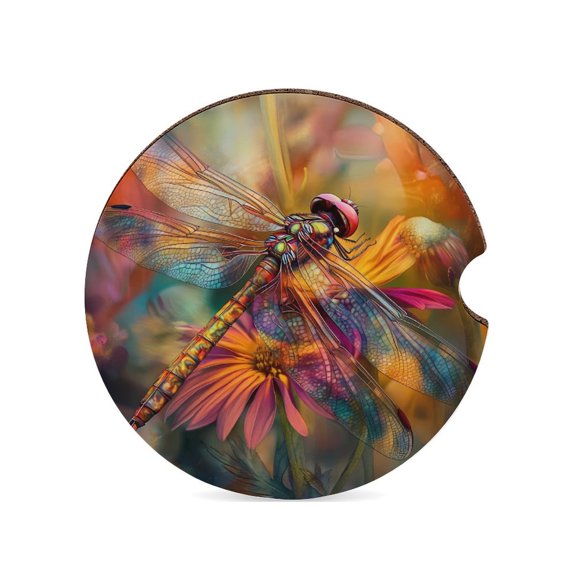 Tie-dyed Dragonfly And Sunflowers Car Coasters for Drinks with A Finger Notch for Easy Removal Cup Holder Coaster Cute Car Interior Accessories 1PCS