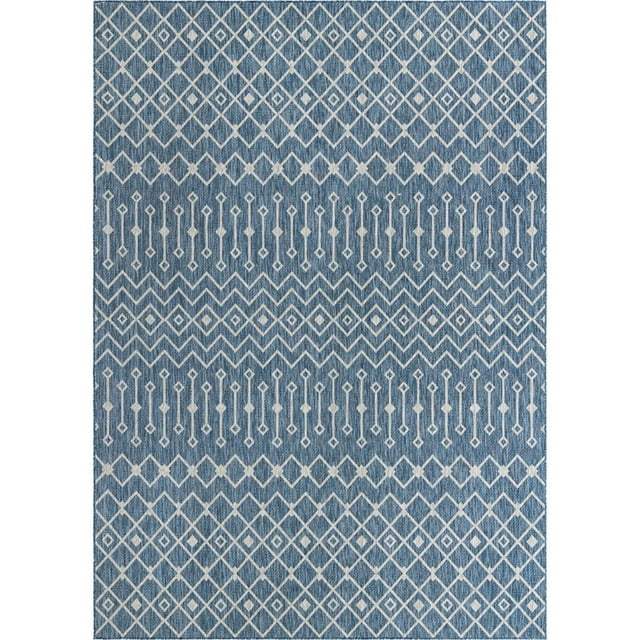 Unique Loom Tapis Géométrique en Treillis Extérieur 10' x 14' Rectangle Bleu/ivoire