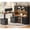 Black+Brown, variant on Farmhouse L Shaped Electric Standing Desk with Hutch and Led Lights, Height Adjustable Executive Desk with 4 Drawers and Storage Cabinet for Home Office