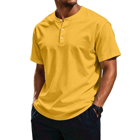 Mens Henley Shirt Short Sleeve Casual Button Basic Tees Slim Fit Stretch Summer T Shirts Yellow L