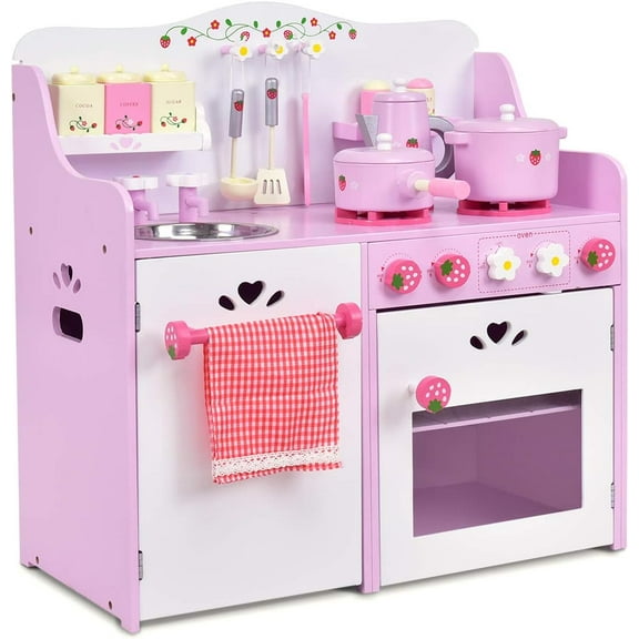 Costway Kids Wooden Play Set Kitchen Toy Strawberry Pretend Cooking Playset Toddler
