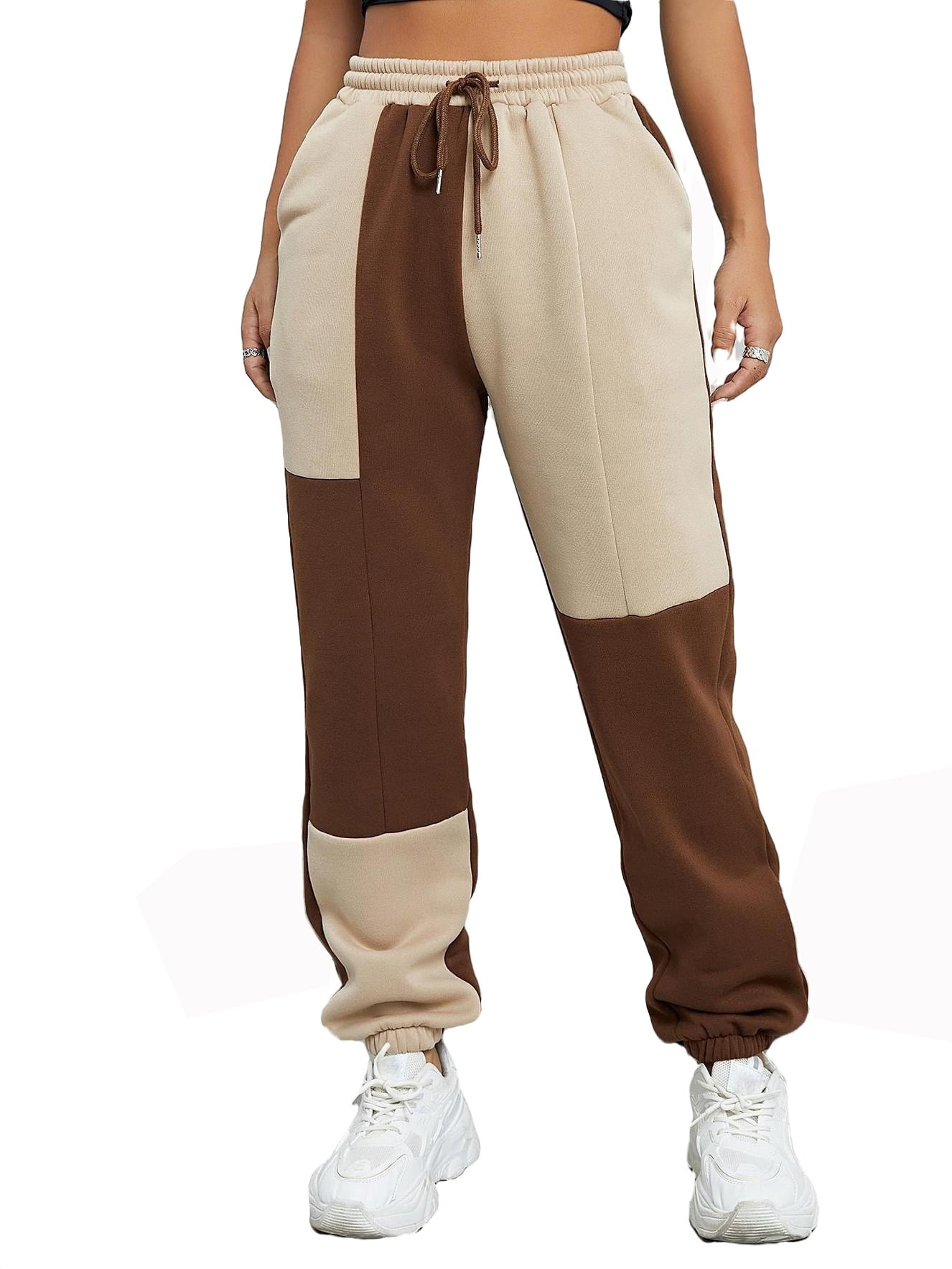 Womens Casual Pants Drawstring Waist Two Tone Sweatpants Multicolor XL