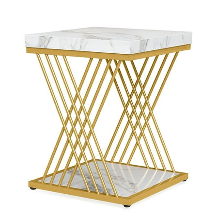 Resenkos Sofa Side End Table, End Table, Couch Table,Square End Table, 2-Tier Side Table Modern Bedside Table,White & Gold