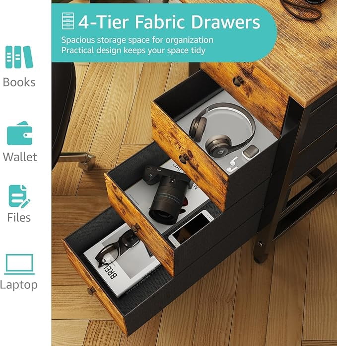 Lufeiya 47 inch Computer Desk with 4 Fabric Drawers, Writing Work Study Desk for Home Office Bedroom, Modern Simple Student PC Desks, Rustic Brown