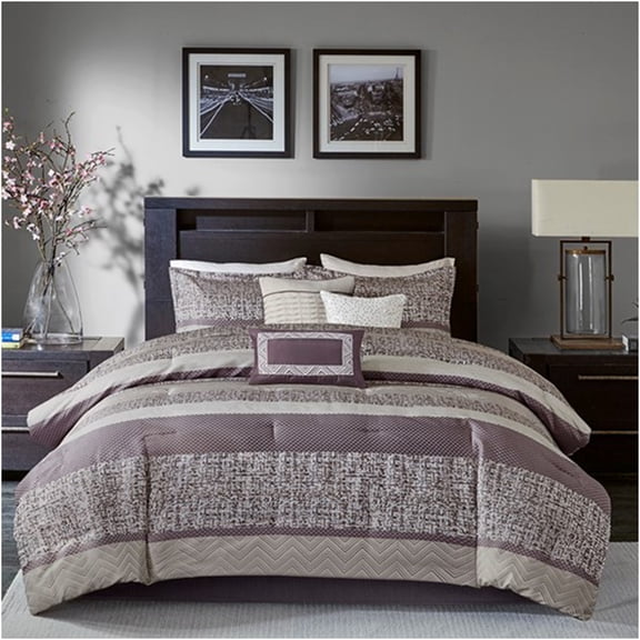 JERFIT King Size 7-Piece Jacquard Comforter Set with Bed Skirt & Pillows, Purple and Grey Stripe Bedding Ensemble