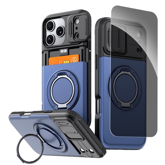 Mynvo Case for iPhone 17 Pro Max with Privacy Screen Protector, Built-in Kickstand Slide Camera Cover Shock-Resistant Non-Slip Anti-Fingerprint Shockproof Protective Bumper, Blue
