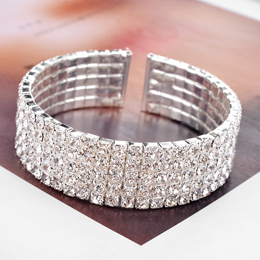 Xerling Full Rhinestone Bangle Bracelet – Silver & Gold Crystal Cluster Wide Tennis Bracelet For Women (17.5cm)