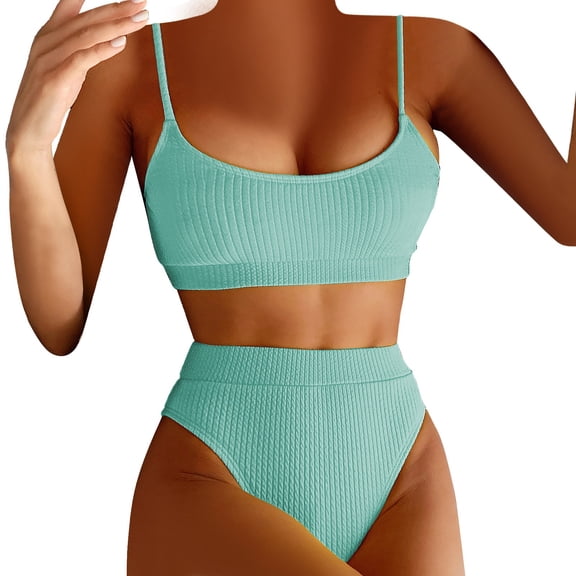 Sngxgn Women Swimsuit Bikini Set High Waisted Halter Tummy Control Print Bathing Suit(Mint Green,S)
