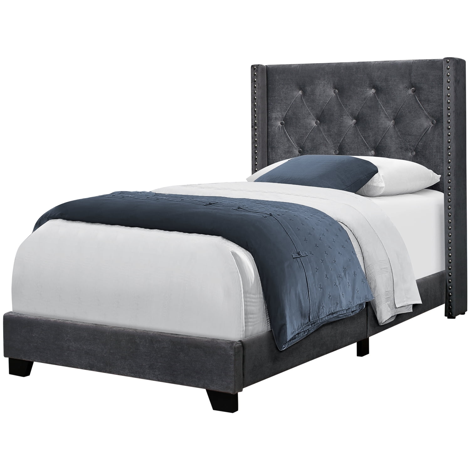 Bed Twin Size/Dark Grey Velvet with Chrome Trim