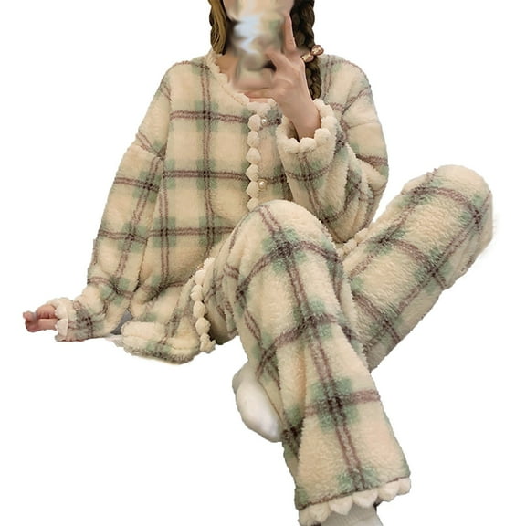 Winter Thicken Pajamas Sets for Women, Fashion Polka Dot Print Full Zip Up Coat and Fleece Pants 2 Piece Outfits