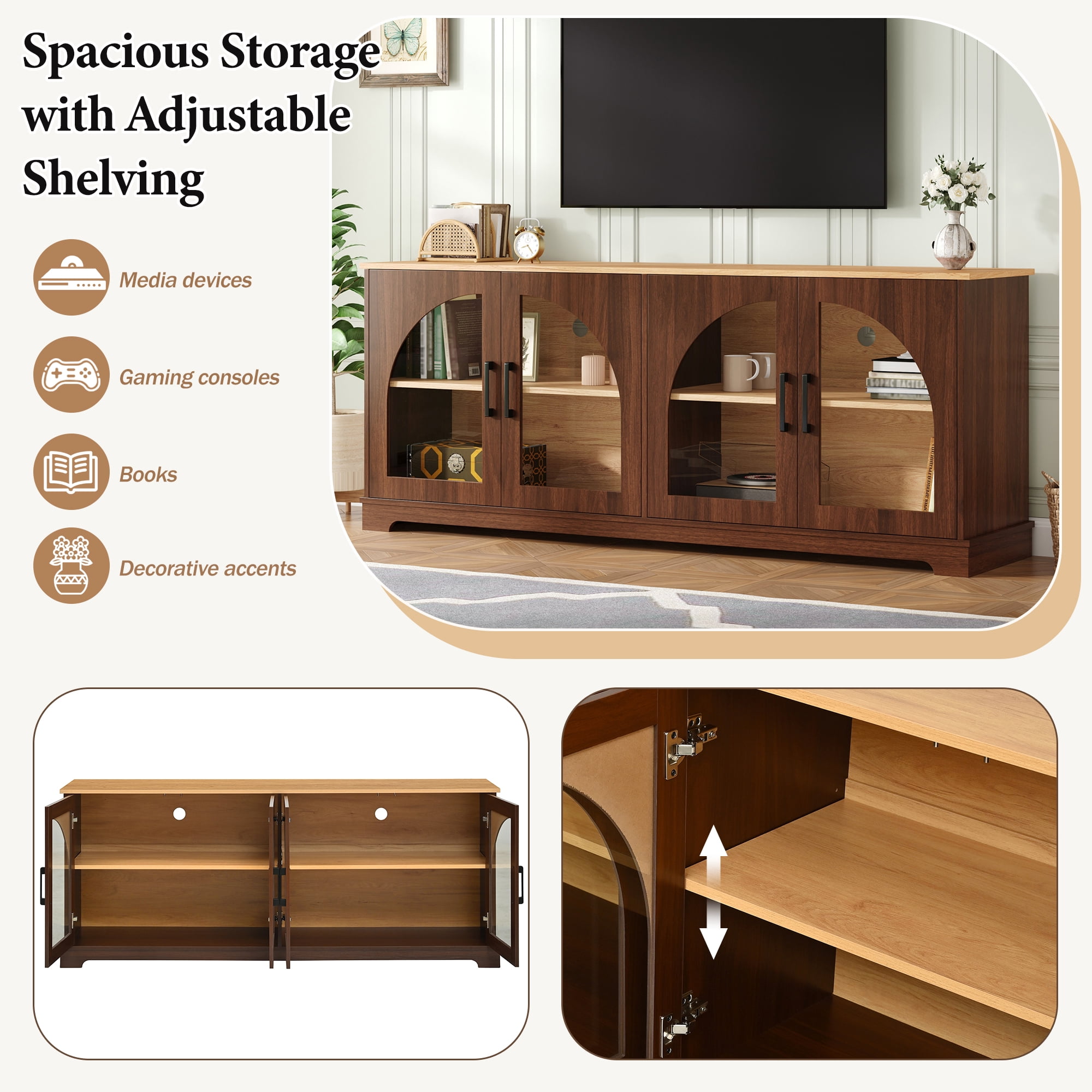 Miniyam Farmhouse TV Stand for TVs up to 70″ - Semi-Arched Glass Door Media Console with Adjustable Shelves & Cable Management, Walnut