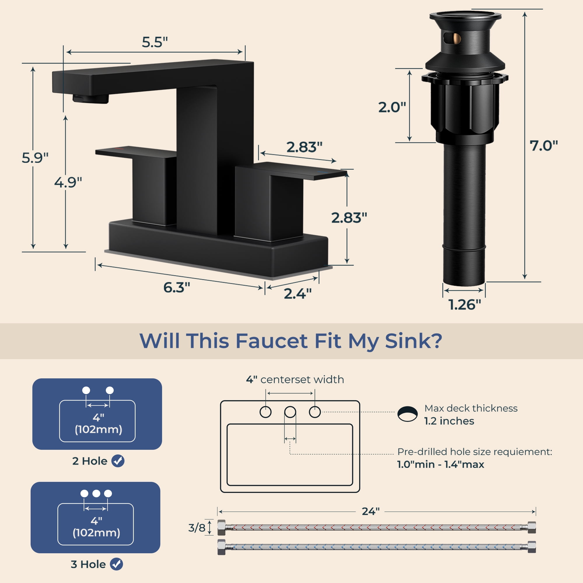 TVOFEK 4 inch Waterfall Bathroom Faucet 3 or 2 Hole, Matte Black Centerset Sink Faucets with Metal Pop-up Drain for Vanity Lavatory Basin RV