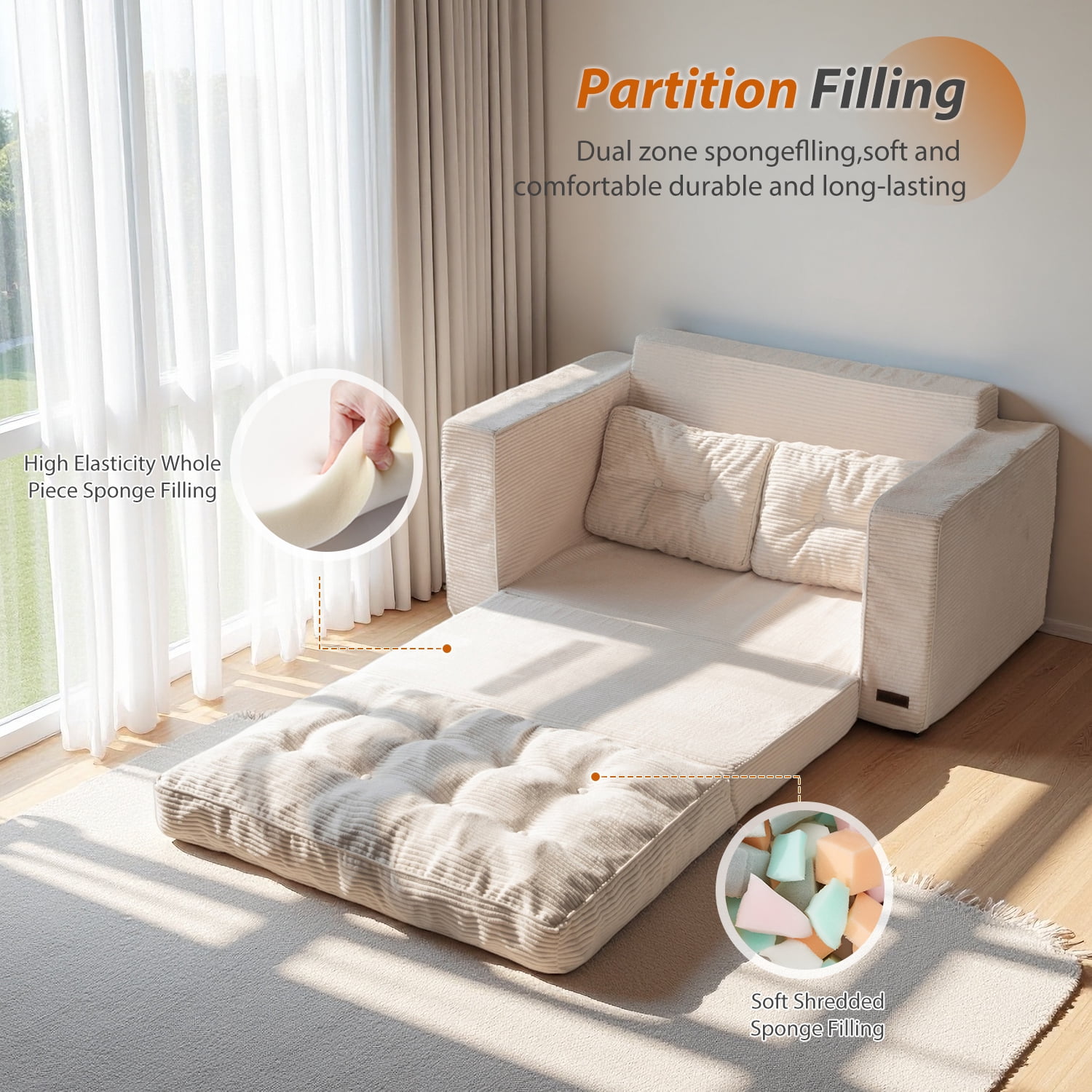 GOODONE Convertible Sofa Bed,Pull Out Couch Beds Loveseat Sleeper,2 in 1 Folding Couch Bed with Pillows for Living Room Bedroom,Beige