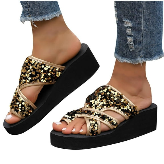 THDHVS Womens Wedge Sandals,Wedge Sandals for Women,Fashion Women Arch Support Beach Slides Orthotic Summer Causal Lightweight Thick Sole Gold 9