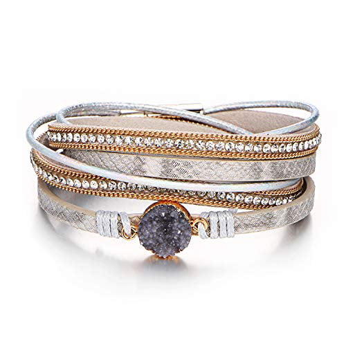 Fashion Women Multilayer Leather Magnet Bangle Wrap Cuff Charm Bracelet Jewelry