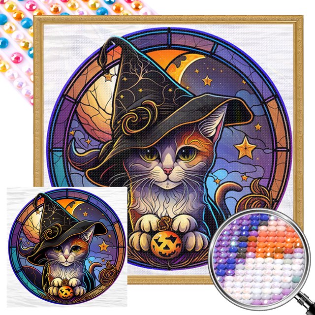 5D DIY Taladro Parcial AB Diamante Pintura Gato Con Sombrero Arte 45x45cm