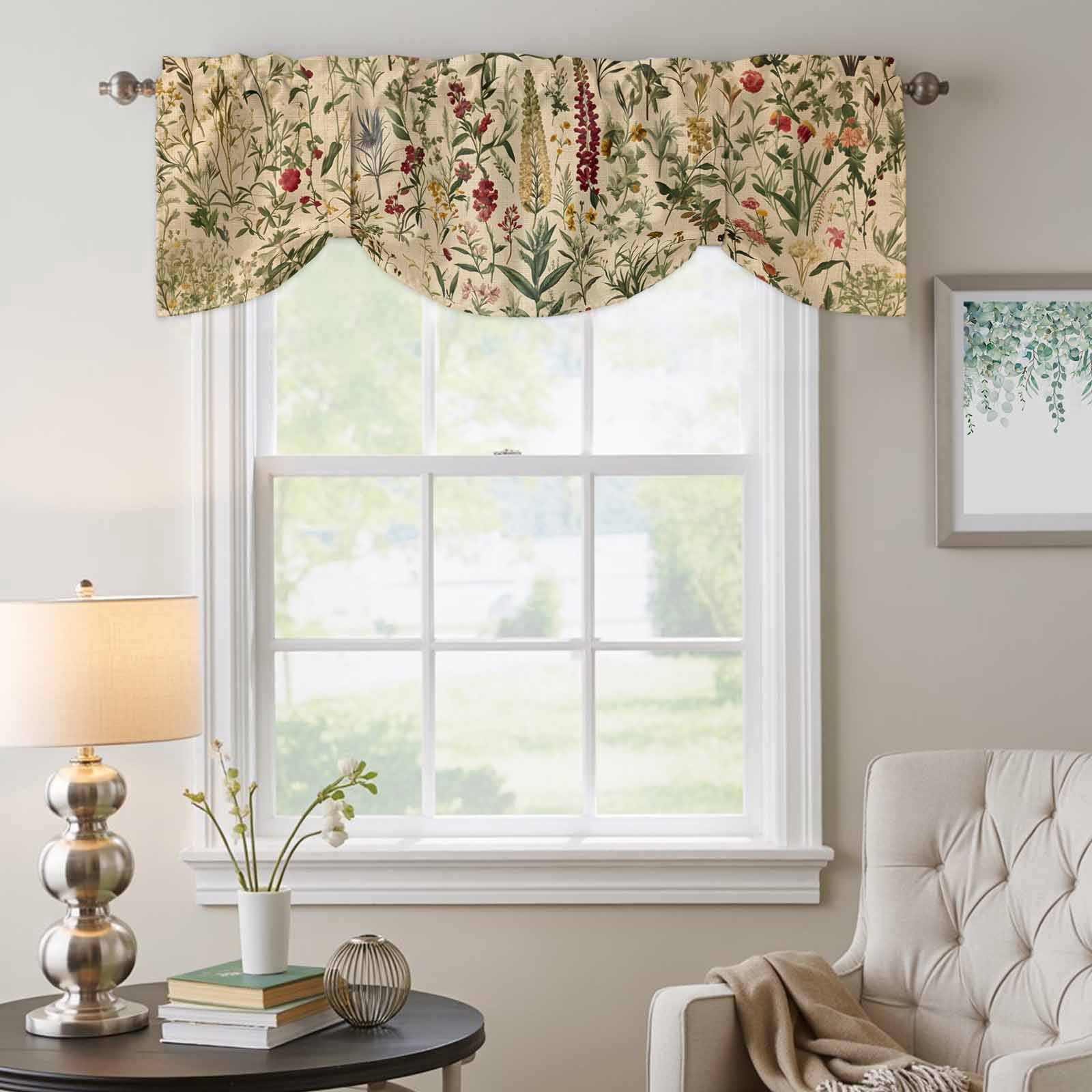 Vintage Flowers Tie Up Valances Curtain, Adjustable Kitchen Pastoral Red Flower Leaf Retro Linen Valances for Windows Decor, Rod Pocket Short Curtains Set for Bedroom/Bathroom, 42"x12"