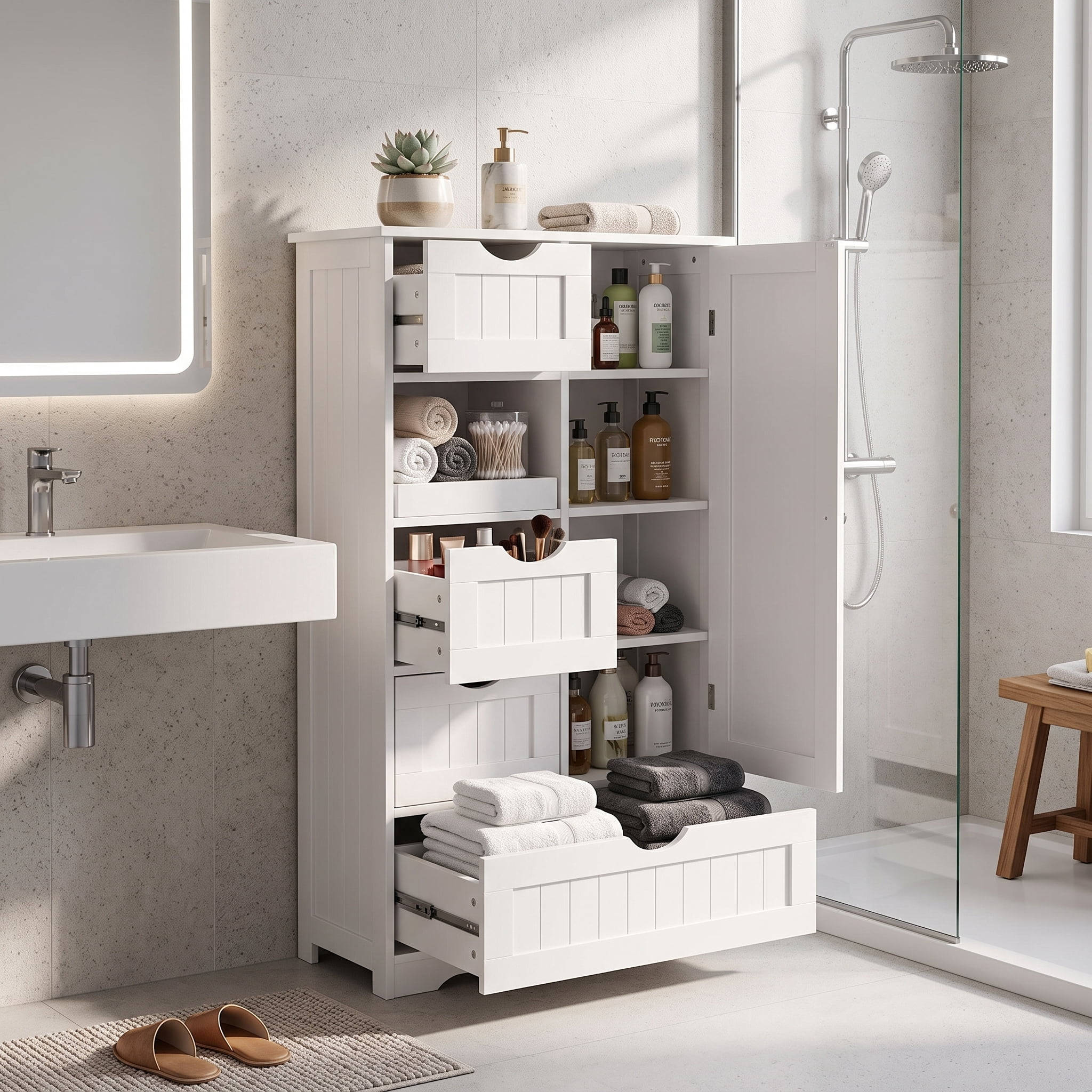Elegant Vertical Grain Bathroom Cabinet 4 Small Drawers 1 Large Drawer 1 Lower Cabinet Particle Board for Powder Room Master Bathroom