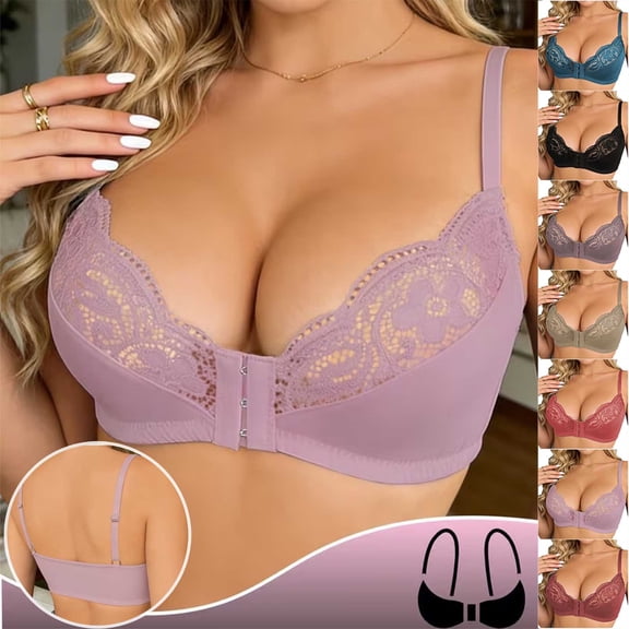 Vetsdori Everyday Bras for Women Front Closure Lace No Padding Breathable Large Bust Bras,Push up Womens Bras