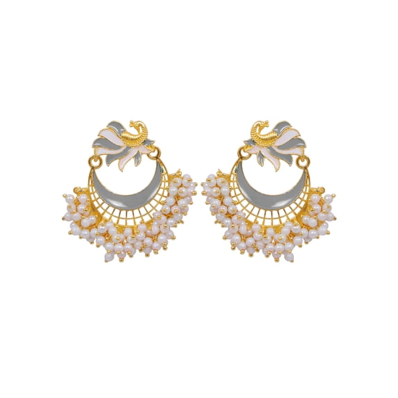 Crunchy Fashion Bollywood Jewellery Traditional Ethnic Bridal Bride Wedding Bridesmaid Gold-Plated Grey Peacock Chandbali White Pearl Dangler Earrings