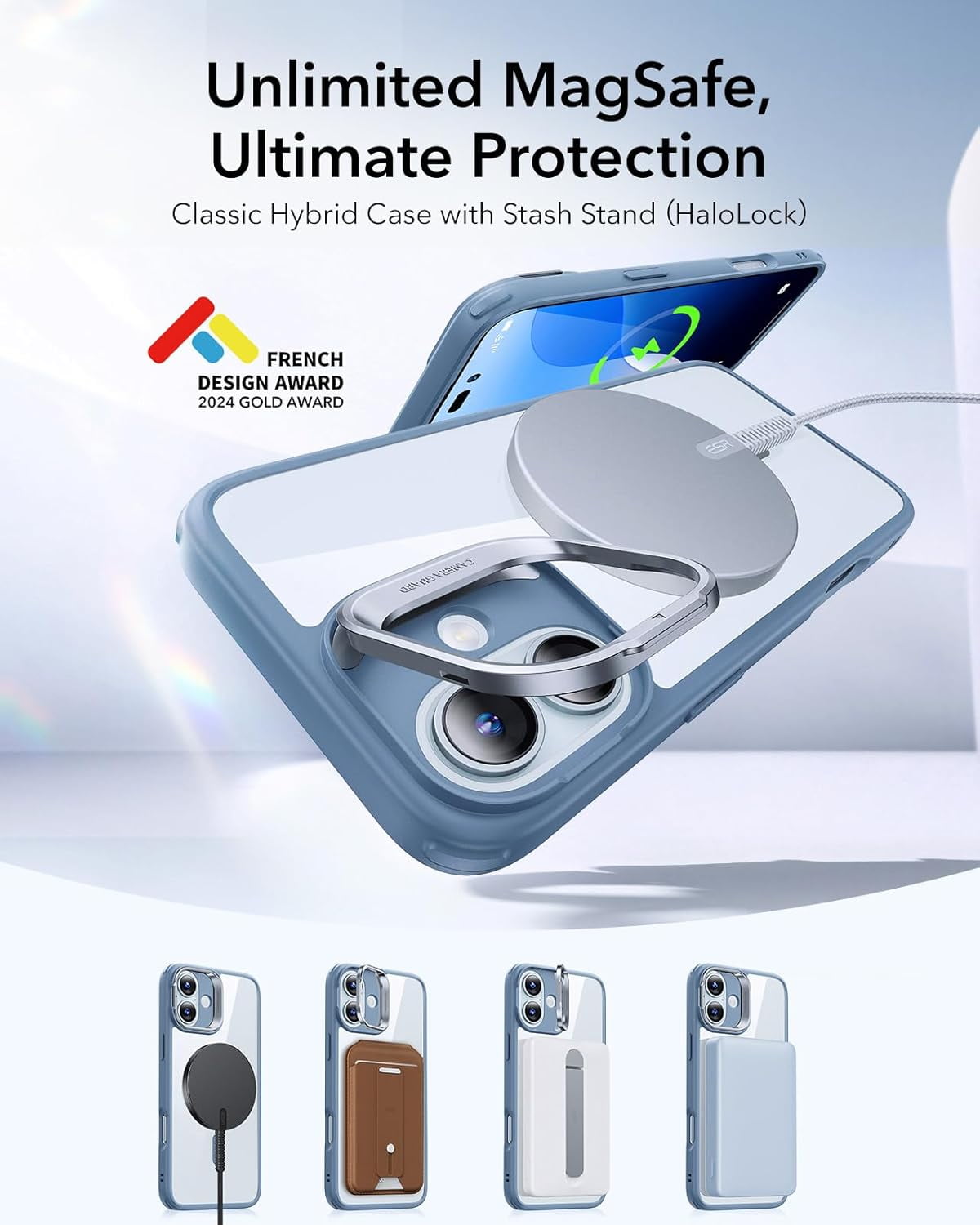 MHAWBL-for iPhone 16 Case, Compatible with MagSafe, Military-Grade Protective Case, Built-in Stash Stand Phone Case, Scratch-Resistant Back Cover, Classic Series, Clear Blue