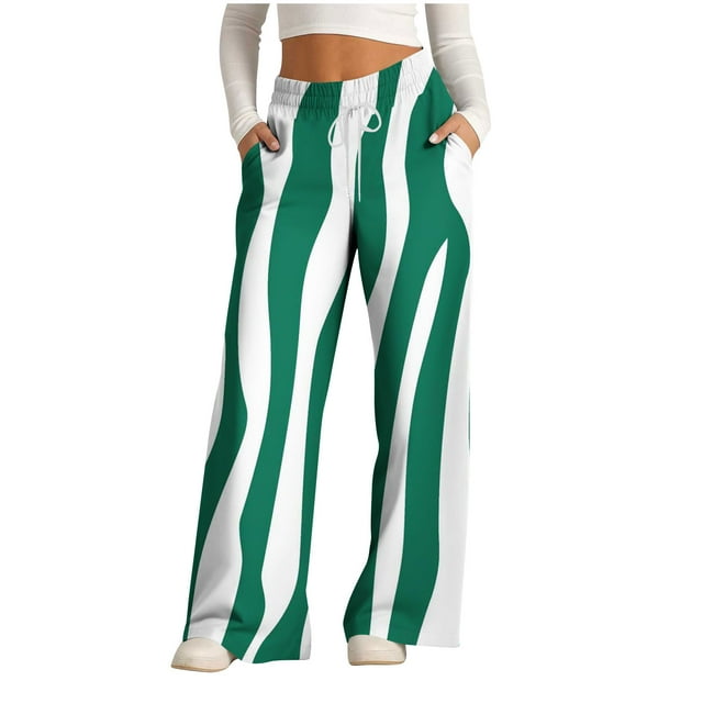 Pants for Women, Womens Fashionable Striped Printed Drawstring Wide Leg Pants