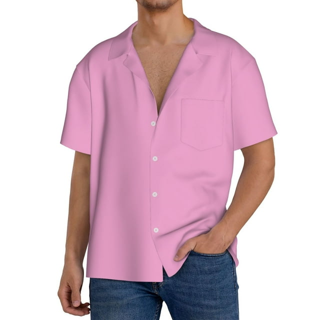 Balery Pink Camisa Casual de Manga Corta con Botones para Hombre, Texturizada, Estilo Cubano, para Playa, Verano-Small