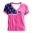 thumbnail image 4 of Women's Casual Breast Cancer Awareness T-Shirt, Pink Ribbon American Flag Graphic Tee, Women's Crew Neck Short Sleeve Printed T-Shirt for Daily Wear, October Campaign Support Hot Pink XL, 4 of 4