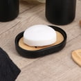 Sleek Matte Black Soap Dish with Bamboo Base Polyresin Soap Tray for