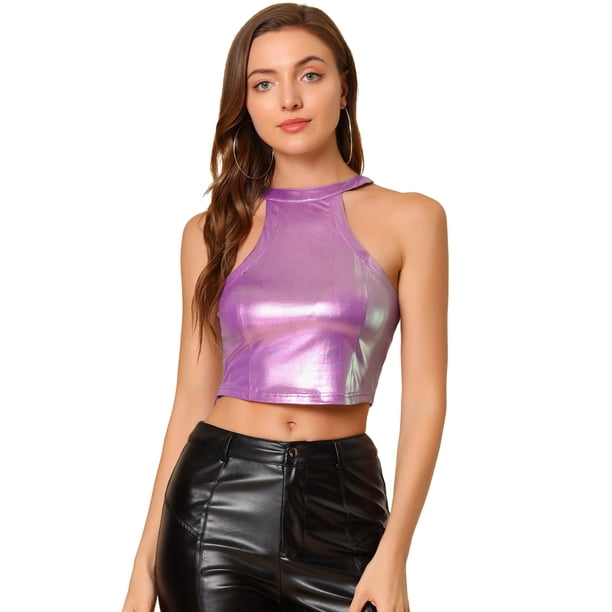 INSPIRE CHIC Top corto sin mangas elástico con cuello halter brillante y fiesta holográfica para mujer Púrpura S