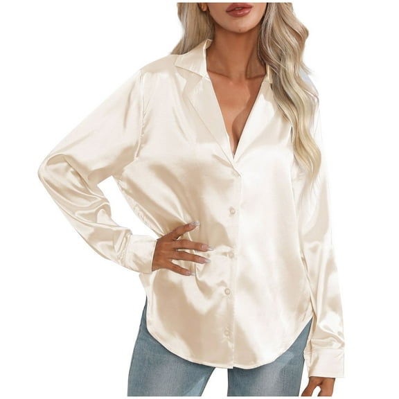 qolati Women's Satin Long Sleeve Shirts Casual Loose Button Up Blouse Work Office Silk Dressy Party Shirts Tops