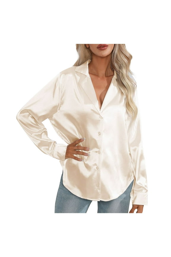 Satin Button Down Shirts for Women Business Office Blouses Silk Long Sleeve Dressy Casual Work Tops