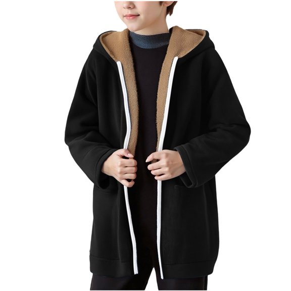 ShomPort Boys Fleece Lined Coat Zip up Mid Length Hooded Jackets Warm Casual Solid Color Daily Outwear