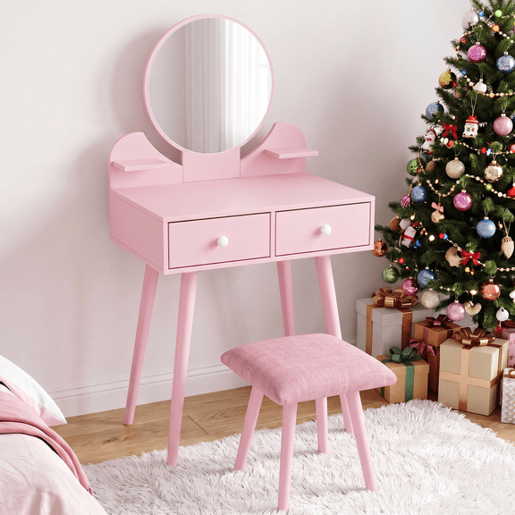 Arlopu Kids Vanity Table & Stool Set with Mirror, 2-in-1 Wooden Pretend Play Makeup Table & Chair with Storage Drawer & Shelves