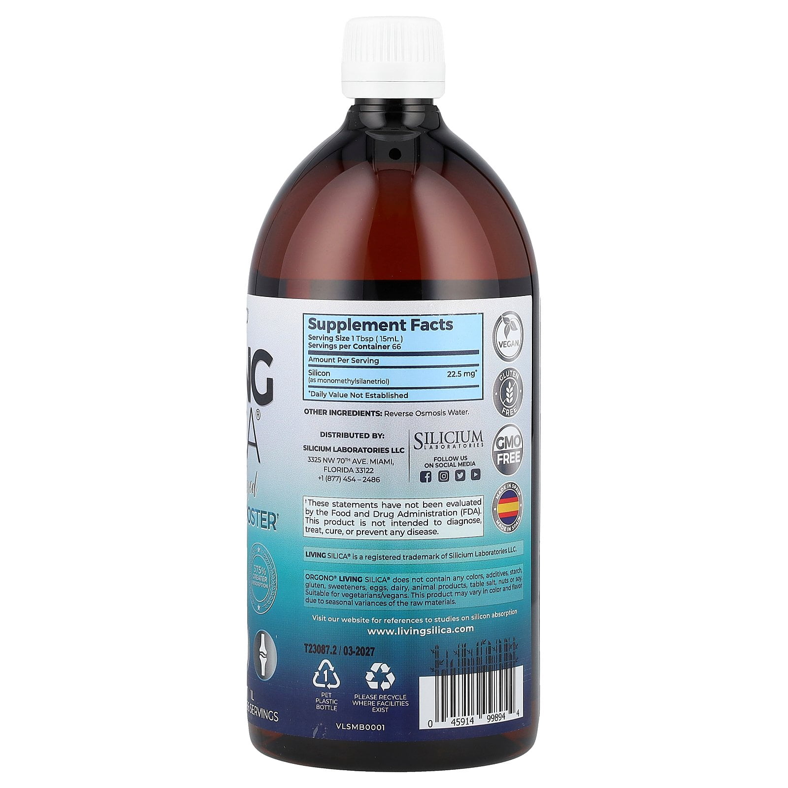Silicium Laboratories Orgono® Living Silica®, Collagen Booster, 22.5 mg, 33.8 fl oz (1 L)