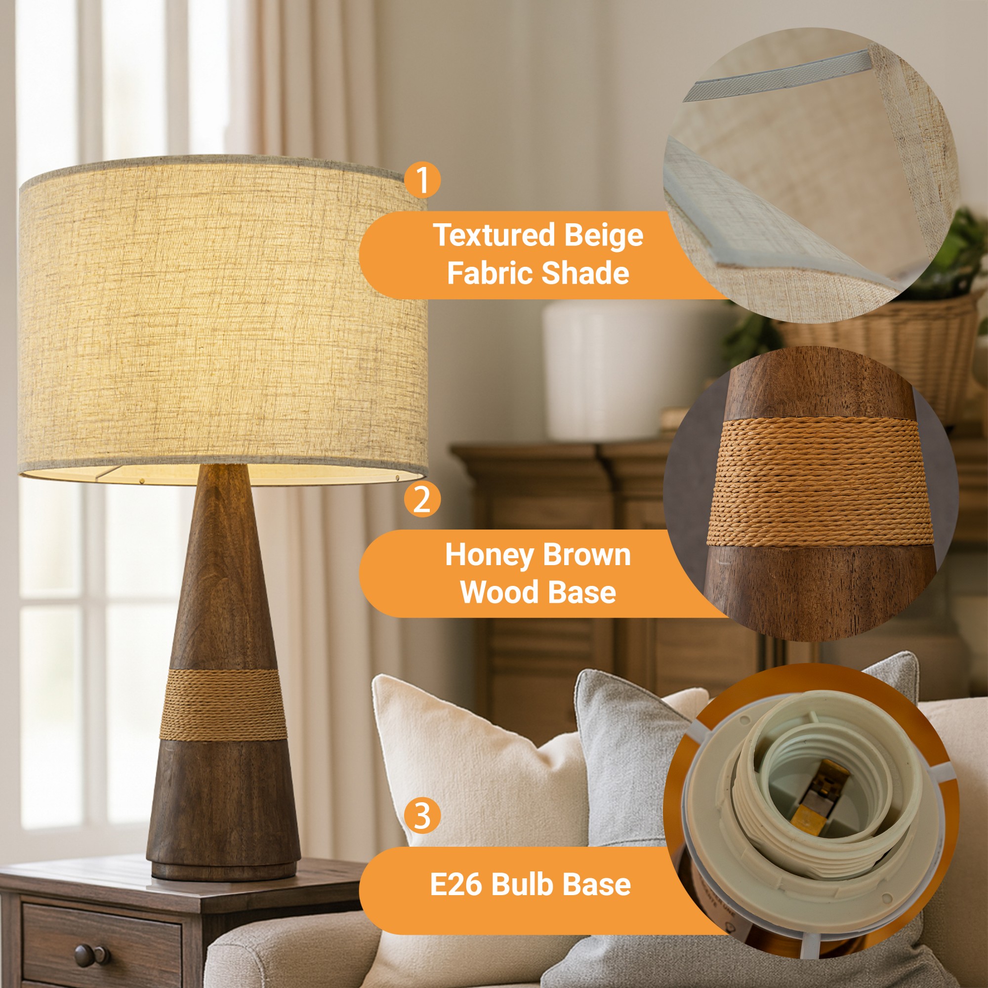 28'' Farmhouse Honey Brown Wood Bedside Table Lamp – Classic Drum Shape Nightstand Lamp with Beige Fabric Shade for Bedroom, Living Room