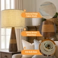 thumbnail image 4 of 28'' Farmhouse Honey Brown Wood Bedside Table Lamp – Classic Drum Shape Nightstand Lamp with Beige Fabric Shade for Bedroom, Living Room, 4 of 10