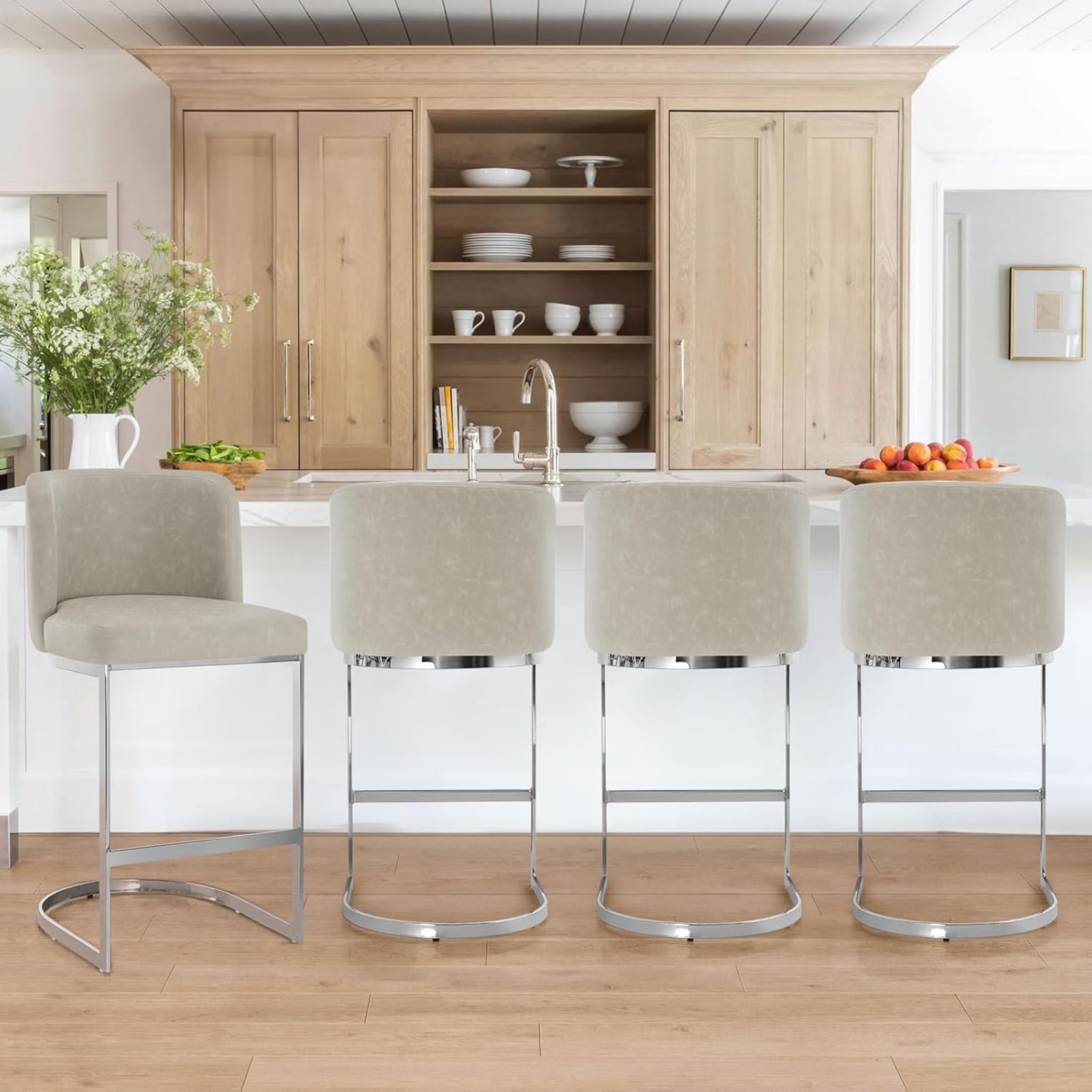 Modern Counter Height Bar Stools Upholstered PU Leather Bar Chairs, Set of 1, 26" with Back and C-Shaped Metal Frame Island Stools for Home Bar Kitchen Pub