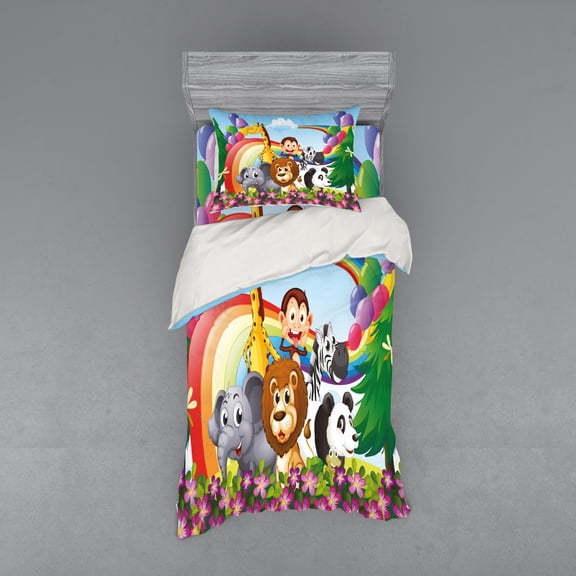 Ambesonne Cartoon Bedding Set 3 Pcs, Animals at the Hilltop, Twin, Multicolor