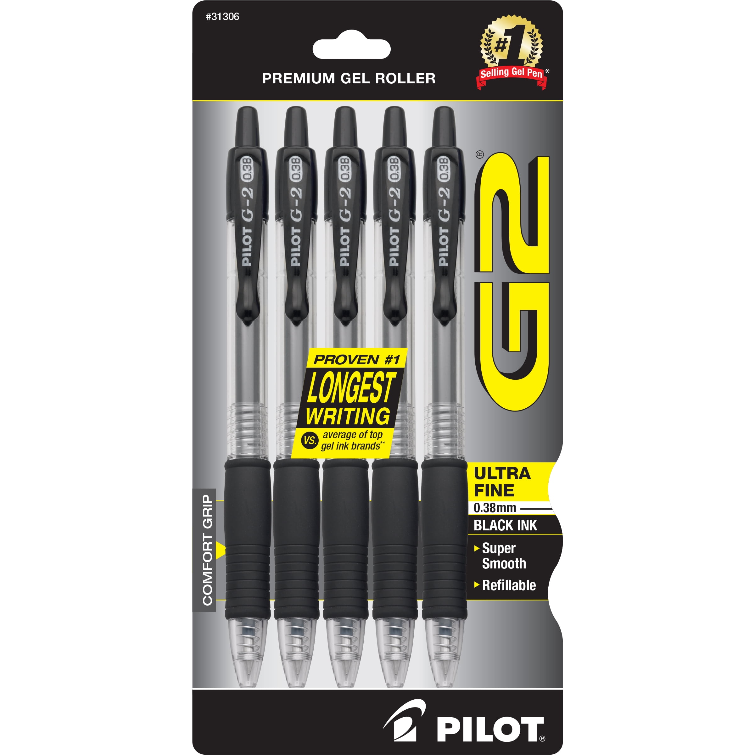 Pilot G2 Premium Retractable Gel Pen, Ultra Fine Pt, Black Ink, 5 Pack