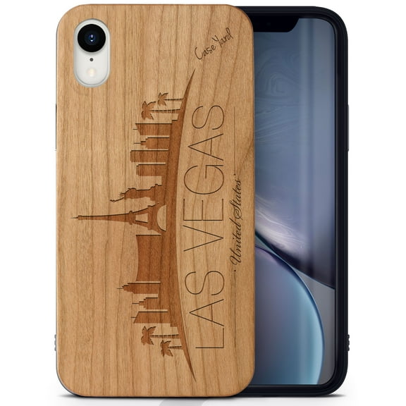 Case Yard Wooden Case Outside Soft TPU Silicone, Slim Fit Shockproof Wood Protective Phone Cover for Girls Boys Men and Women, Supports Wireless Charging Skyline Vegas Design case for iPhone-XR