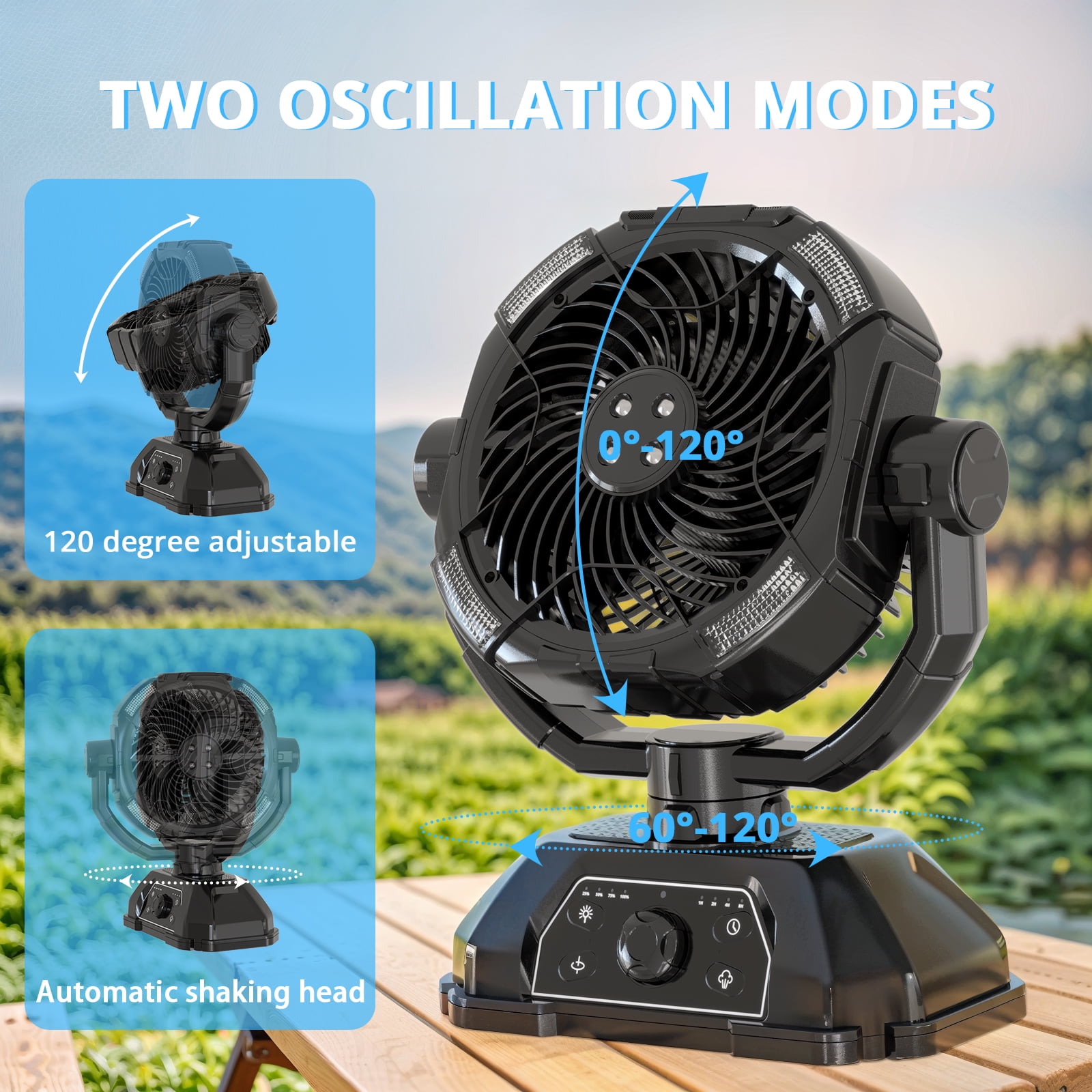 Outdoor Misting Fan Rechargeable with Remote & LED Light,20000mAh Cordless Battery Powered Camping Fan with 9L Water Tank & LED Lantern for Indoor, Tent, Travel, BBQ, Fishing, Jobsite